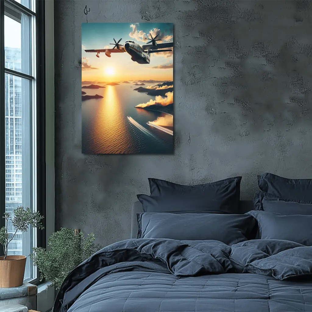 Military Turboprop Aircraft Flying Over Sunset Sea – Wall Art