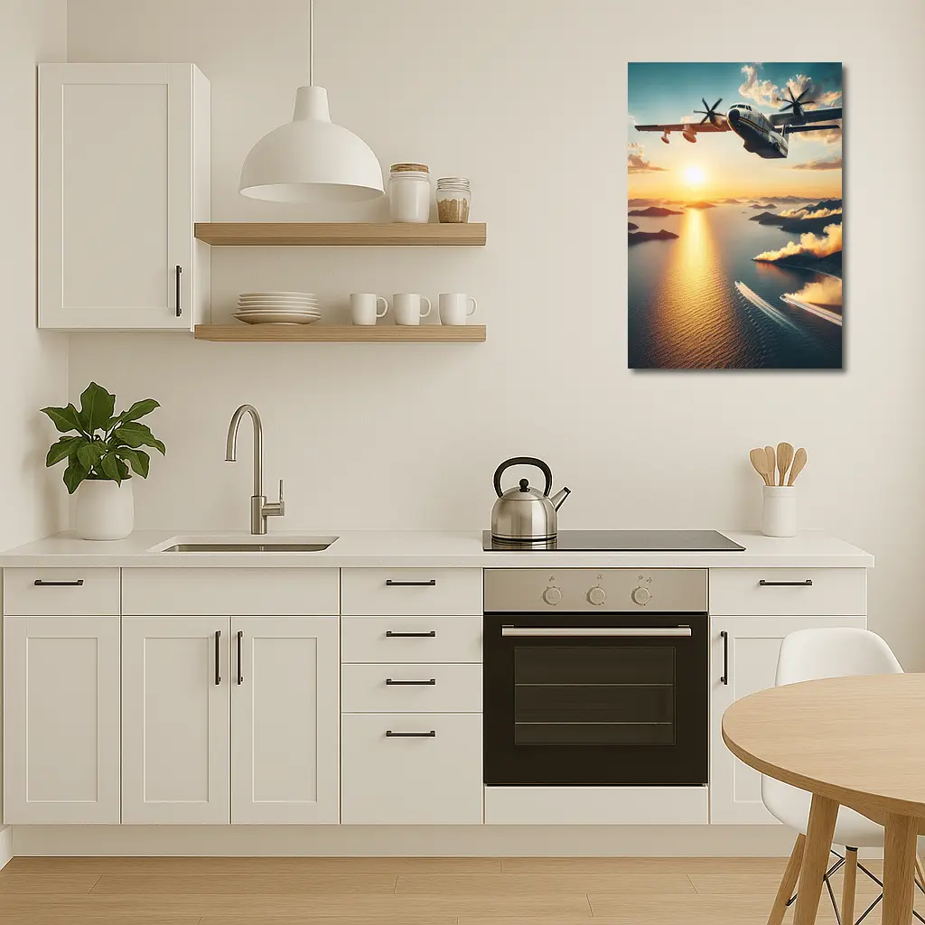 Military Turboprop Aircraft Flying Over Sunset Sea – Wall Art