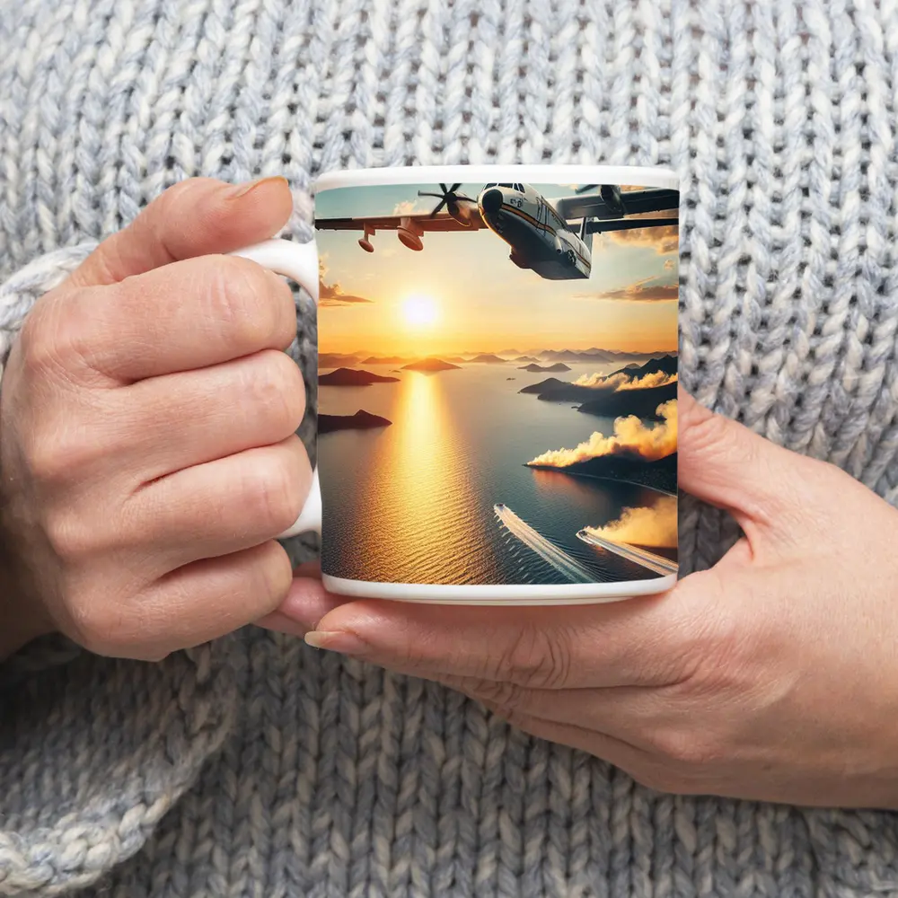 Military Turboprop Aircraft Flying Over Sunset Sea – Mugs