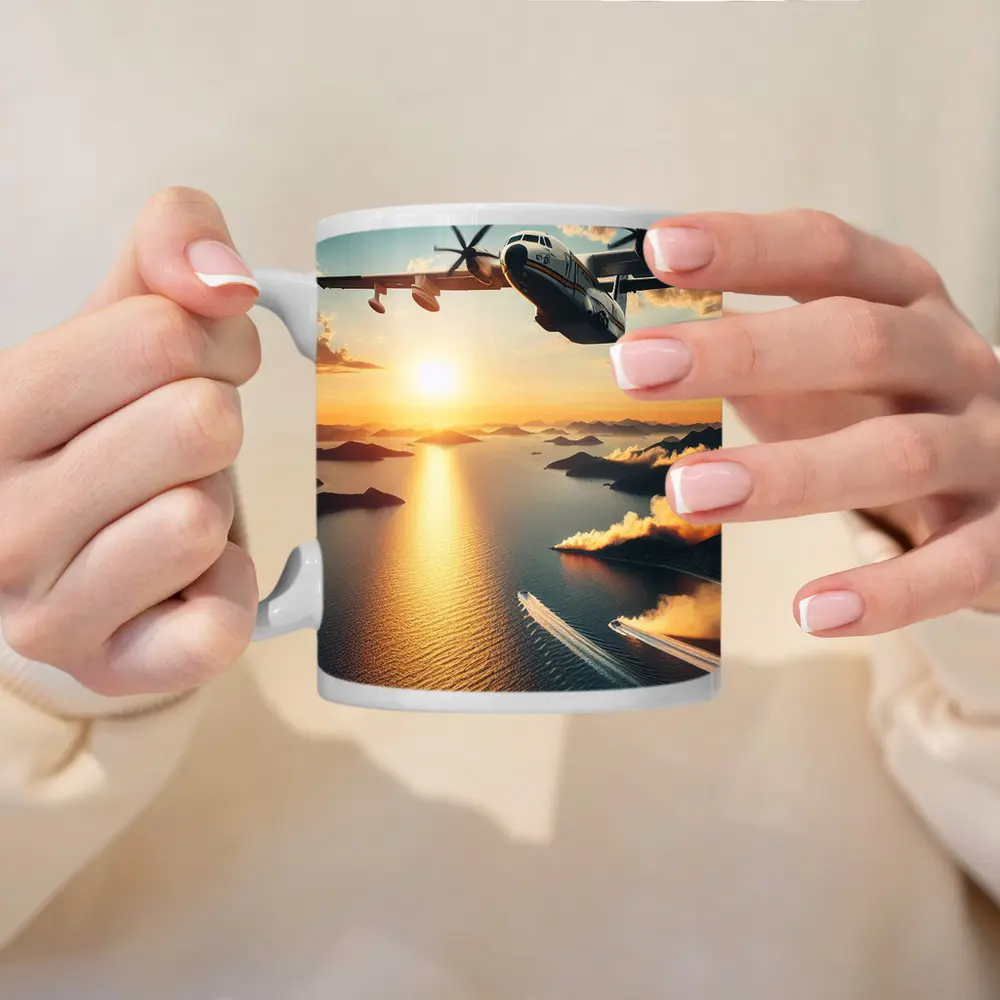 Military Turboprop Aircraft Flying Over Sunset Sea – Mugs