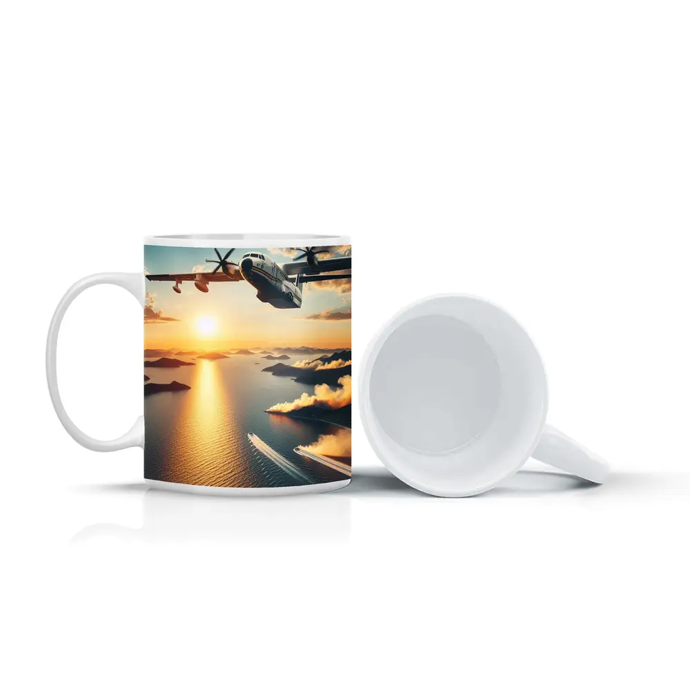 Military Turboprop Aircraft Flying Over Sunset Sea – Mugs