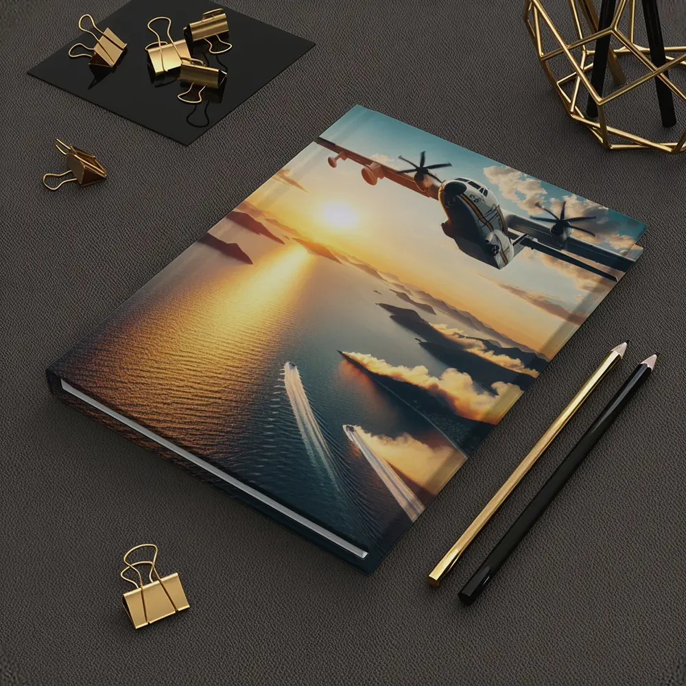 Military Turboprop Aircraft Flying Over Sunset Sea – Notebooks