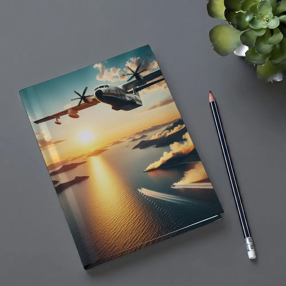 Military Turboprop Aircraft Flying Over Sunset Sea – Notebooks