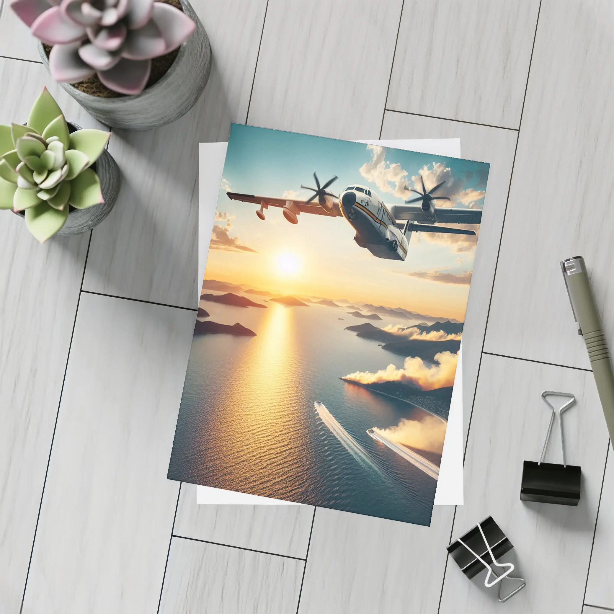 Military Turboprop Aircraft Flying Over Sunset Sea – Postcards