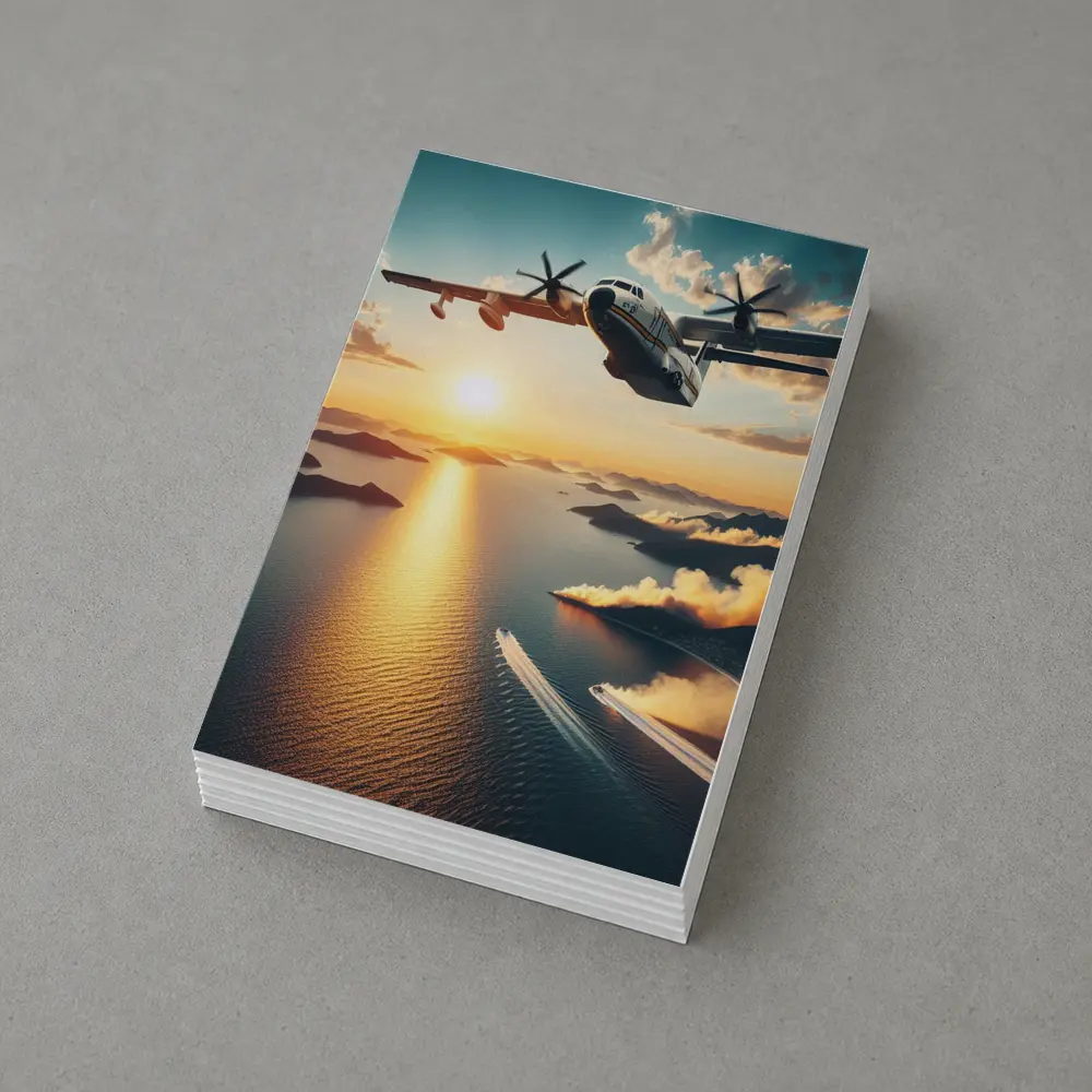 Military Turboprop Aircraft Flying Over Sunset Sea – Postcards