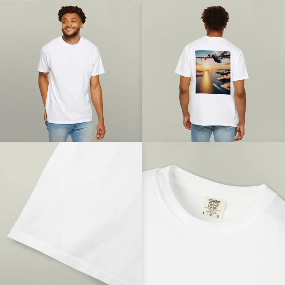 Military Turboprop Aircraft Flying Over Sunset Sea – T-Shirts