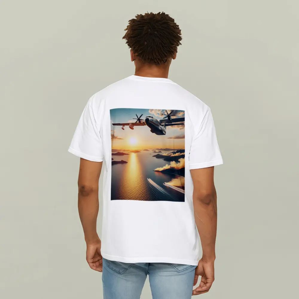 Military Turboprop Aircraft Flying Over Sunset Sea – T-Shirts