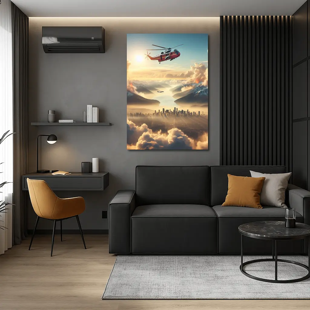 Search Rescue Helicopter Flying Over Misty City – Wall Art