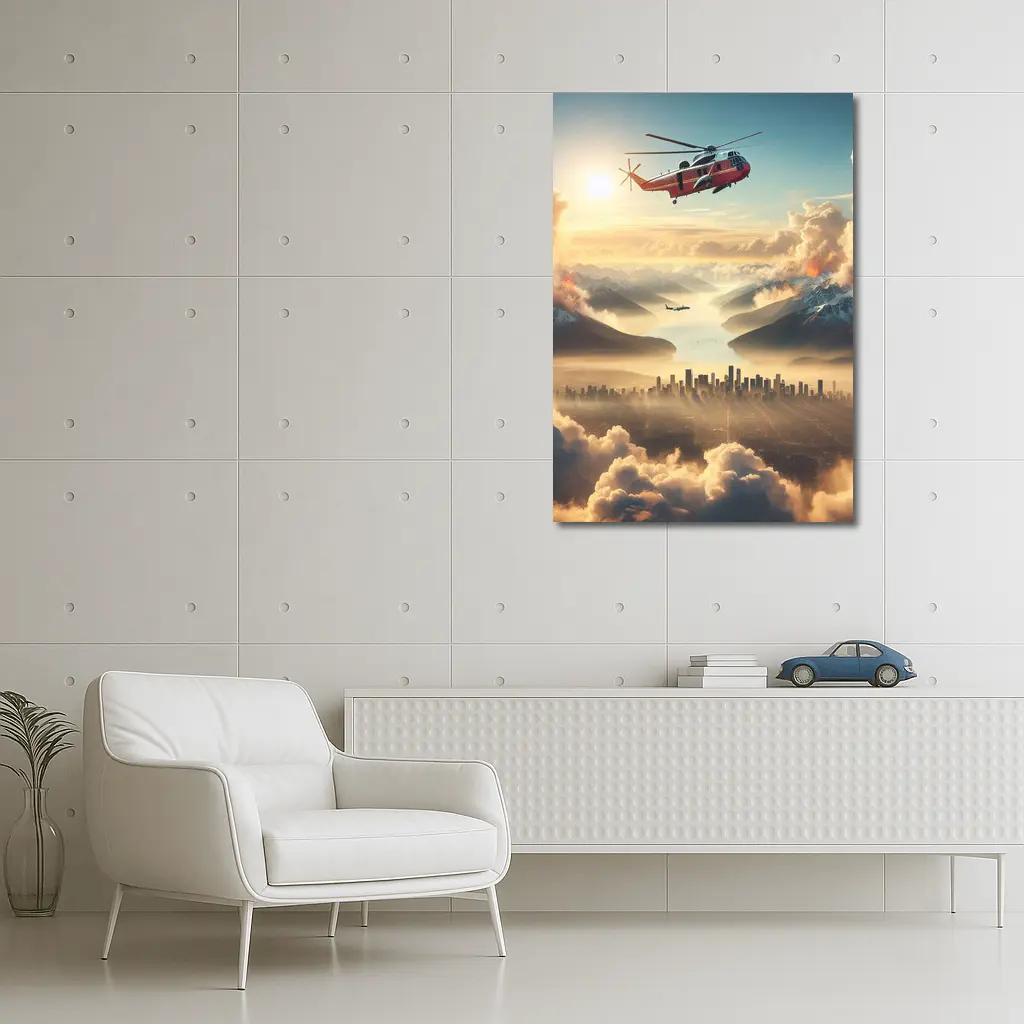 Search Rescue Helicopter Flying Over Misty City – Wall Art
