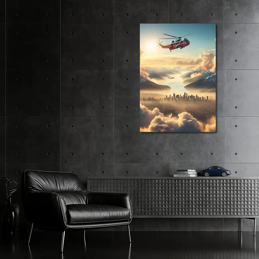 Search Rescue Helicopter Flying Over Misty City – Wall Art