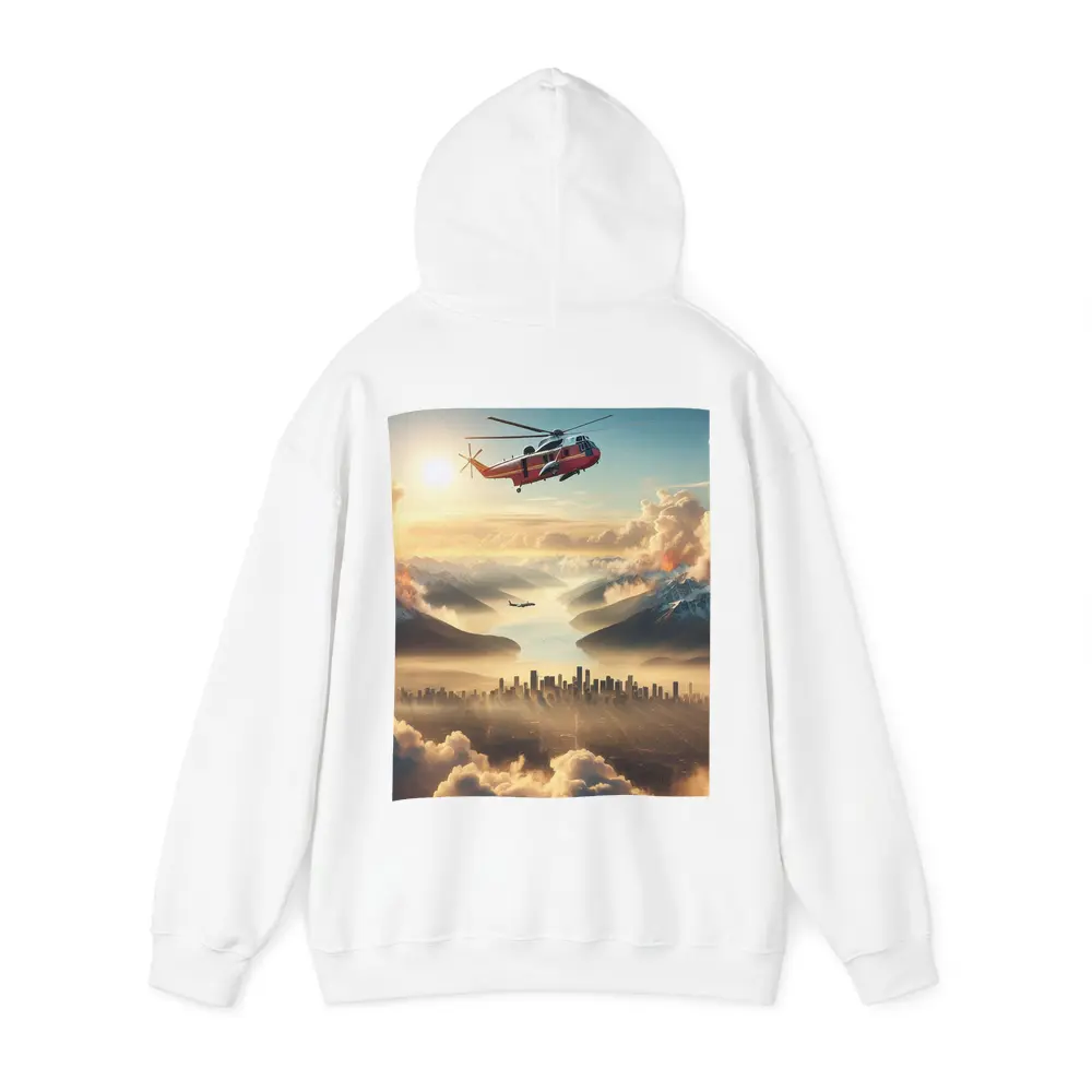 Search Rescue Helicopter Flying Over Misty City – Hoodies