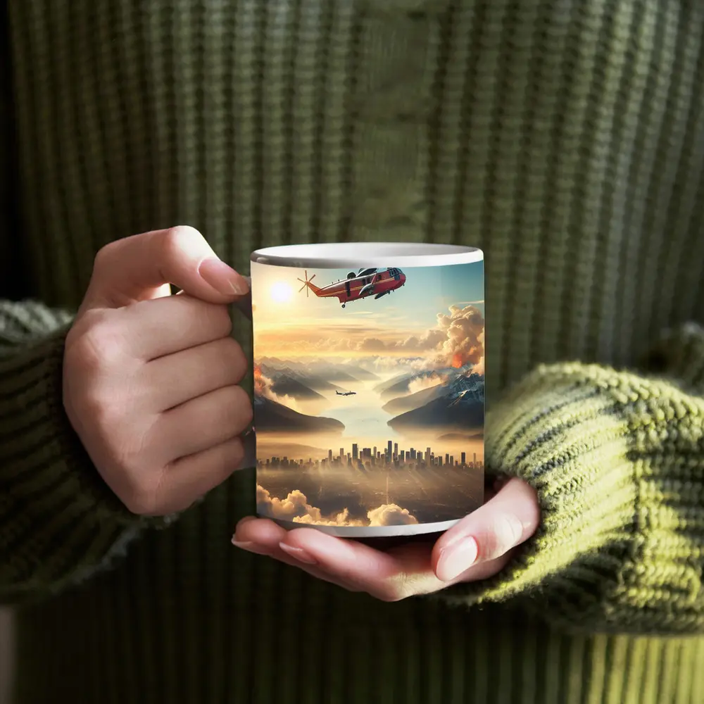 Search Rescue Helicopter Flying Over Misty City – Mugs