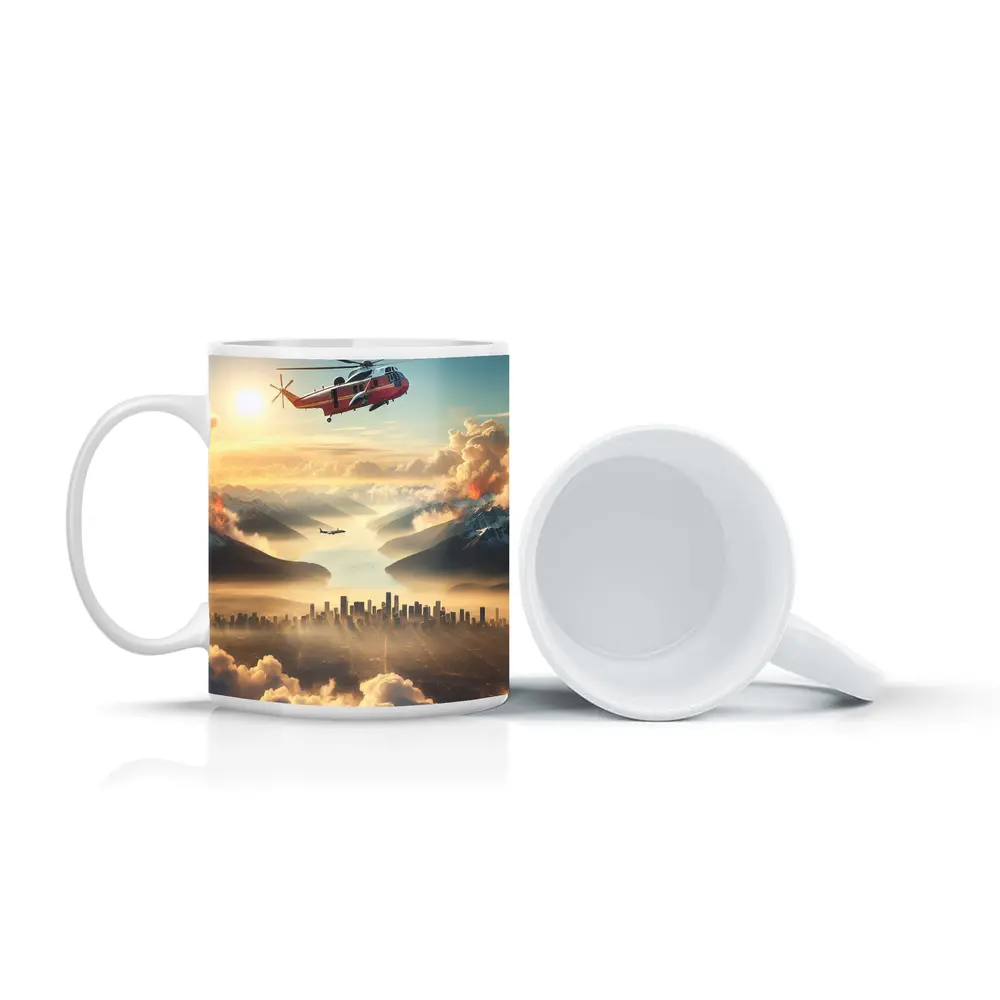 Search Rescue Helicopter Flying Over Misty City – Mugs