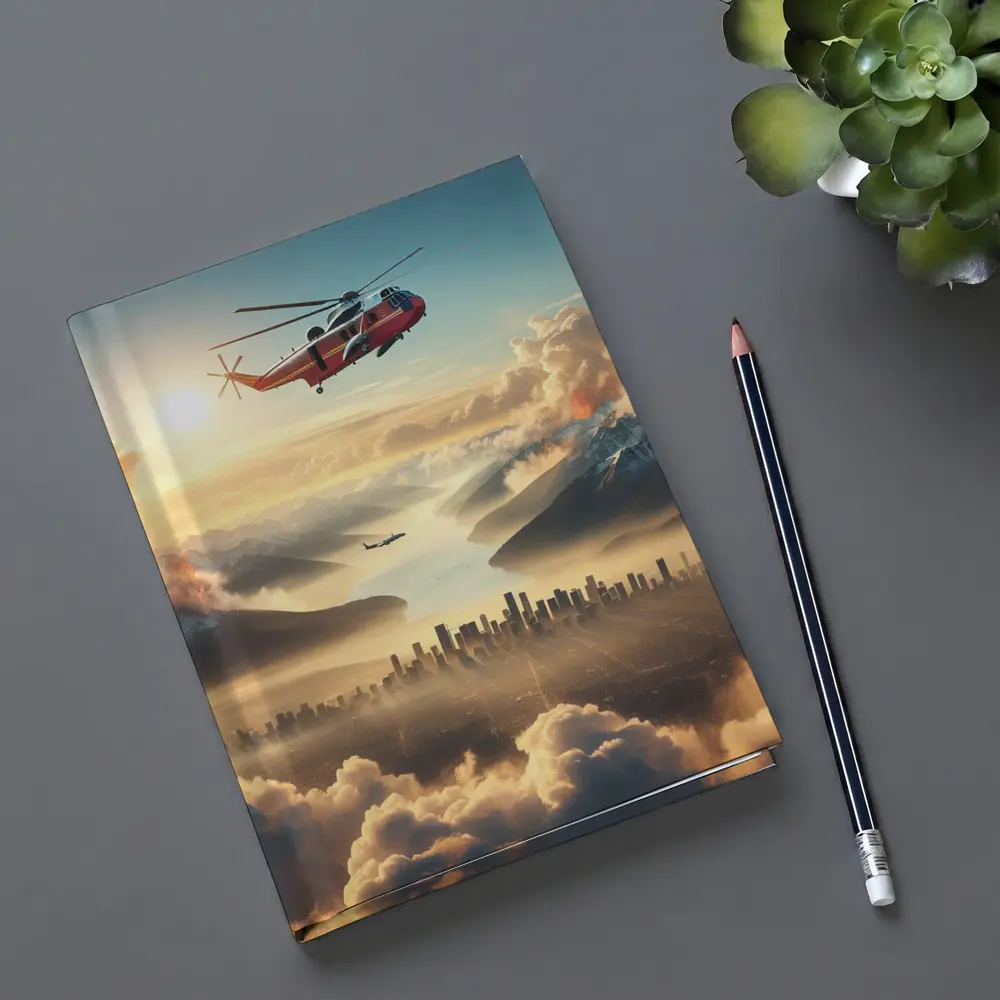 Search Rescue Helicopter Flying Over Misty City – Notebooks