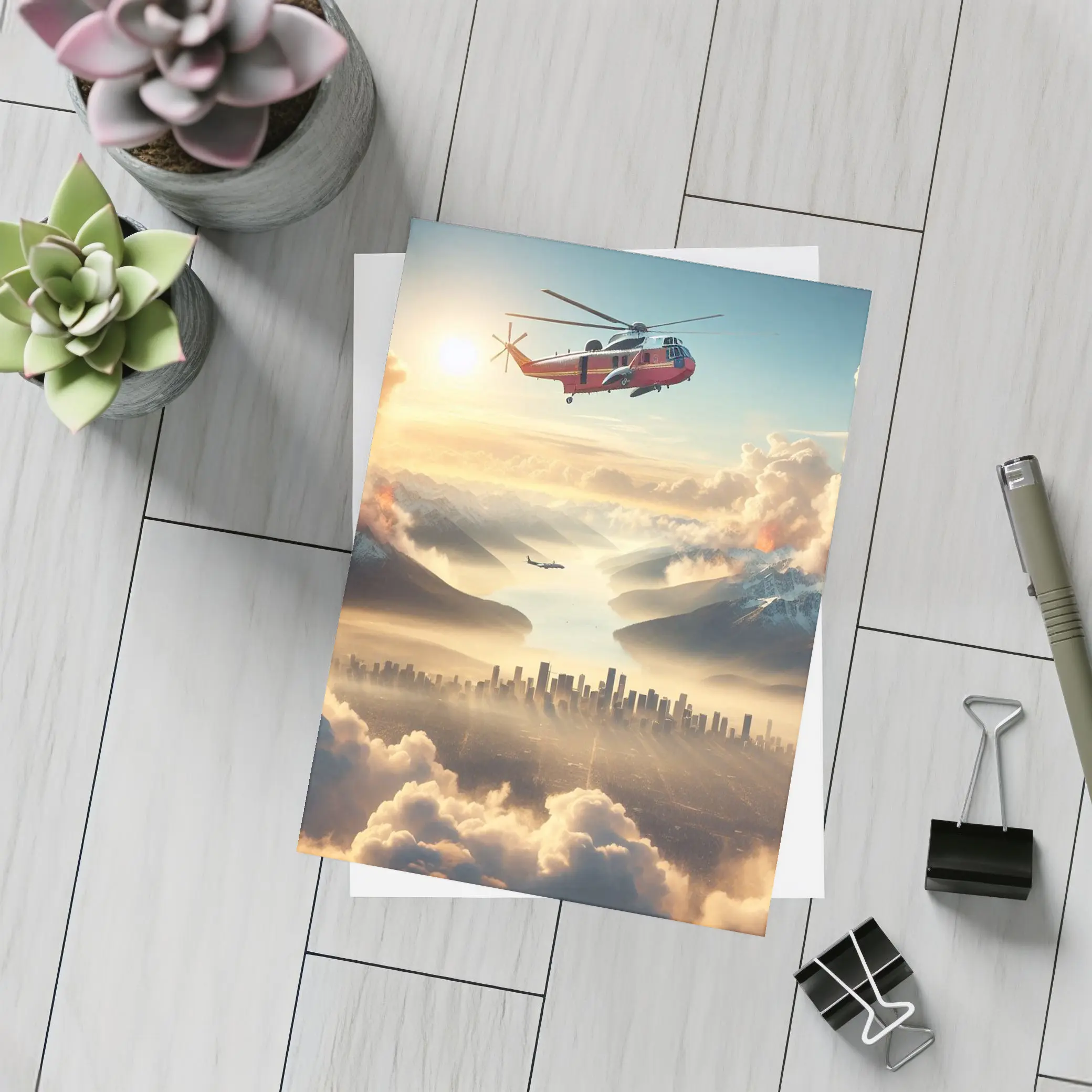 Search Rescue Helicopter Flying Over Misty City – Postcards