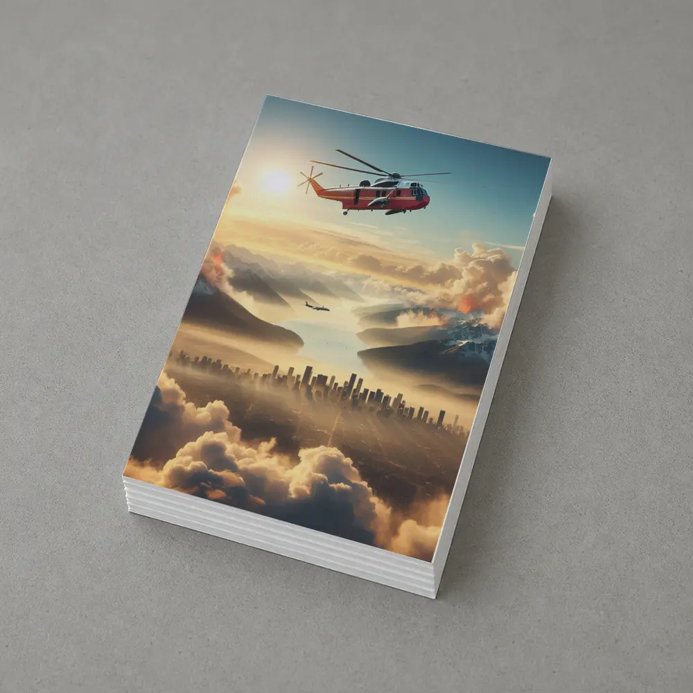 Search Rescue Helicopter Flying Over Misty City – Postcards
