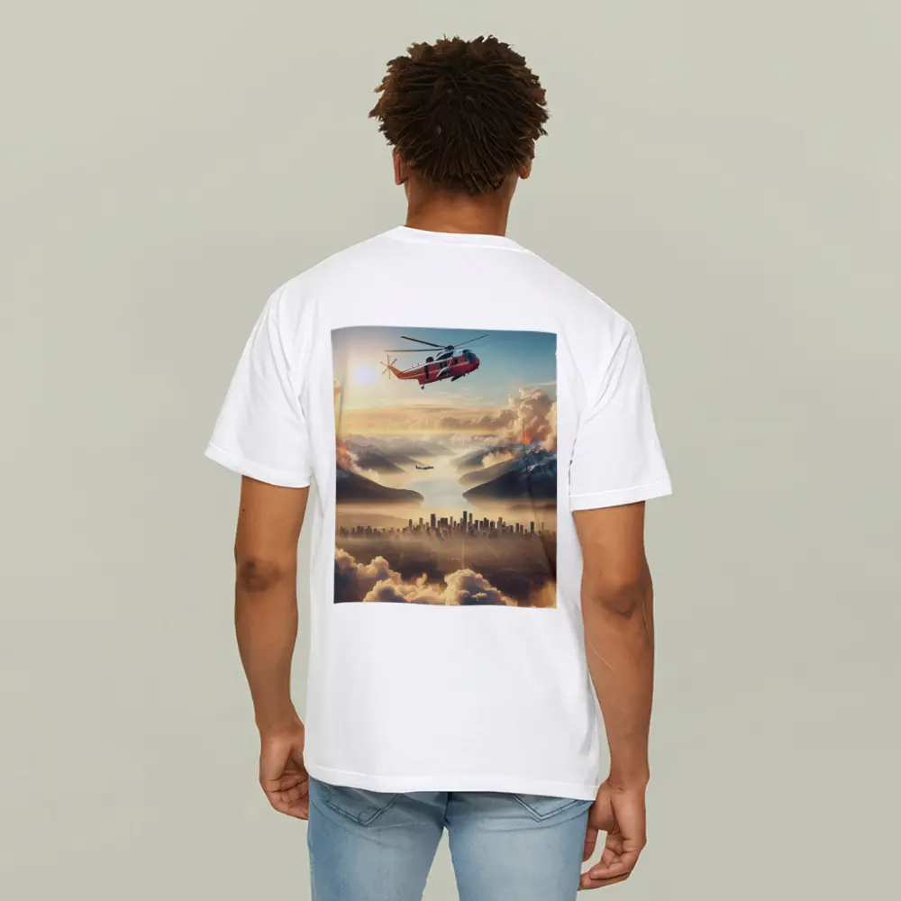 Search Rescue Helicopter Flying Over Misty City – T-Shirts