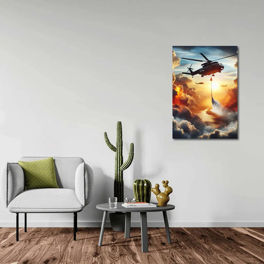 Firefighting Helicopter Dropping Water Sunset Clouds – Wall Art