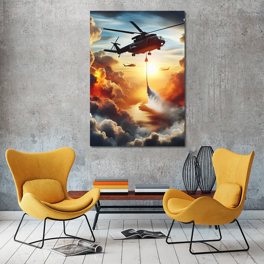 Firefighting Helicopter Dropping Water Sunset Clouds – Wall Art