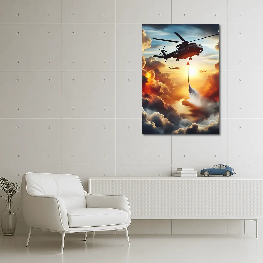 Firefighting Helicopter Dropping Water Sunset Clouds – Wall Art