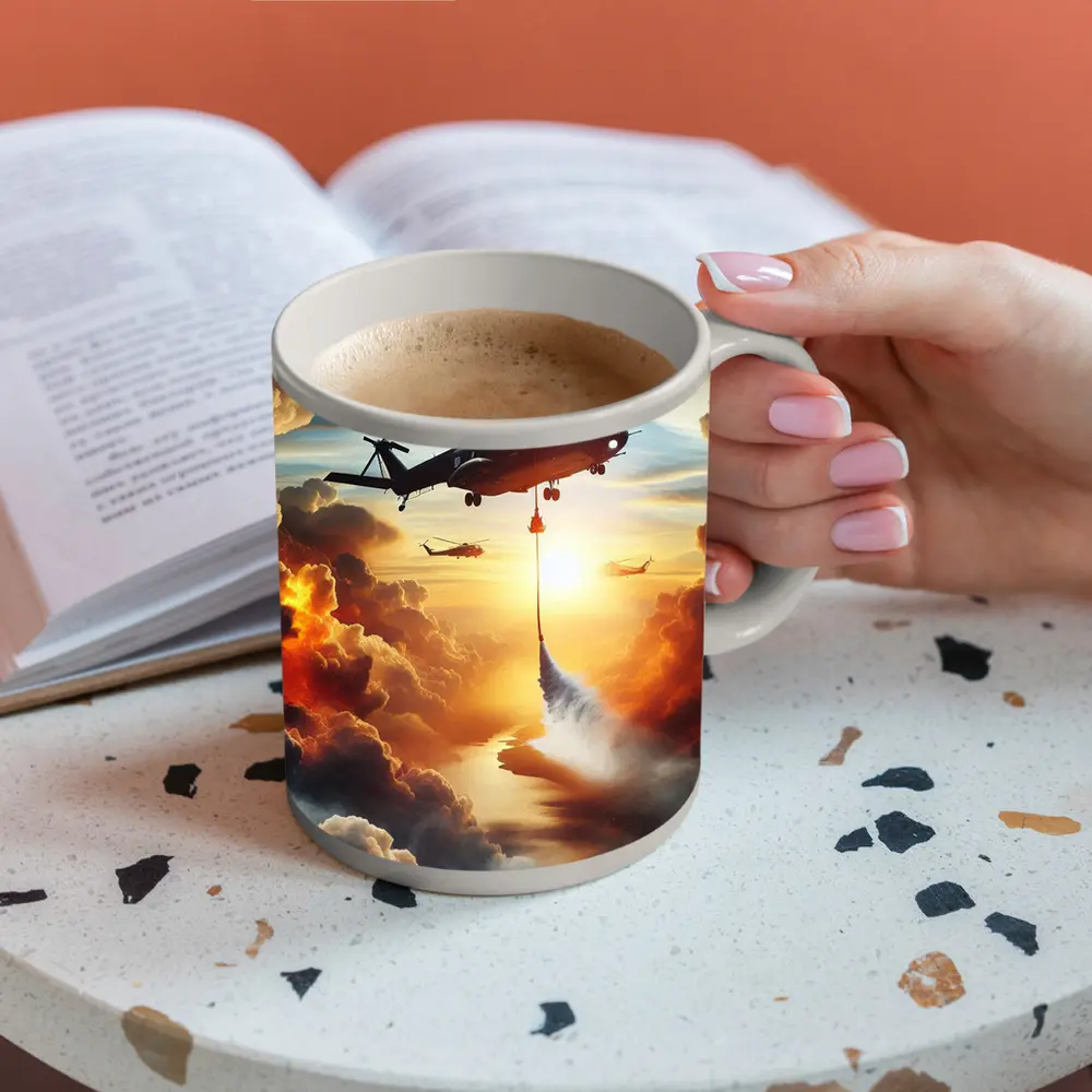 Firefighting Helicopter Dropping Water Sunset Clouds – Mugs