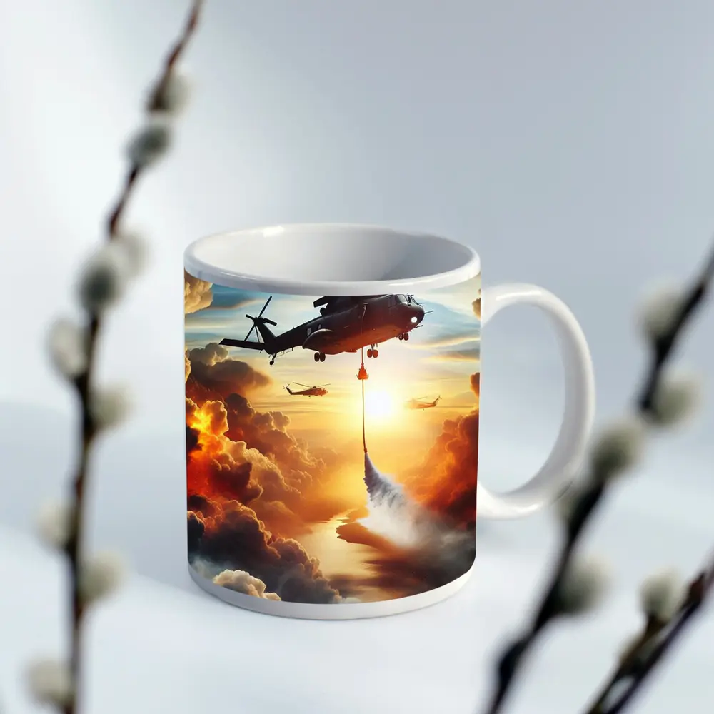 Firefighting Helicopter Dropping Water Sunset Clouds – Mugs