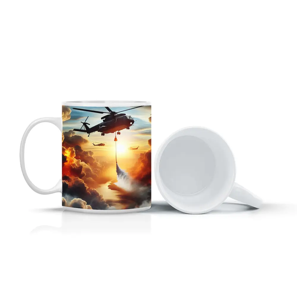 Firefighting Helicopter Dropping Water Sunset Clouds – Mugs