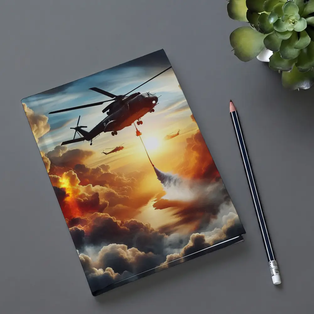 Firefighting Helicopter Dropping Water Sunset Clouds – Notebooks