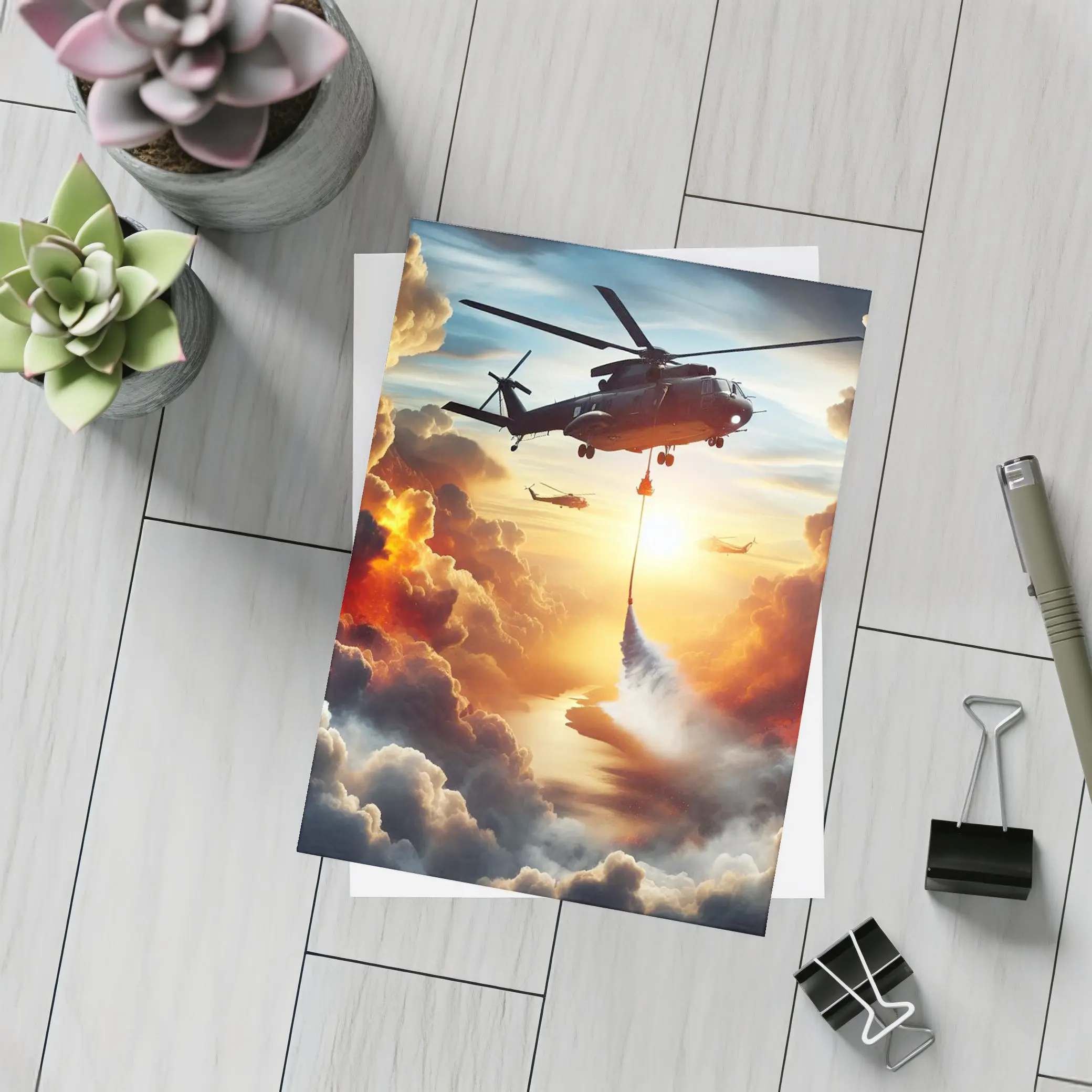 Firefighting Helicopter Dropping Water Sunset Clouds – Postcards