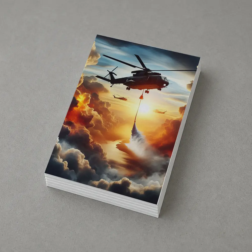 Firefighting Helicopter Dropping Water Sunset Clouds – Postcards