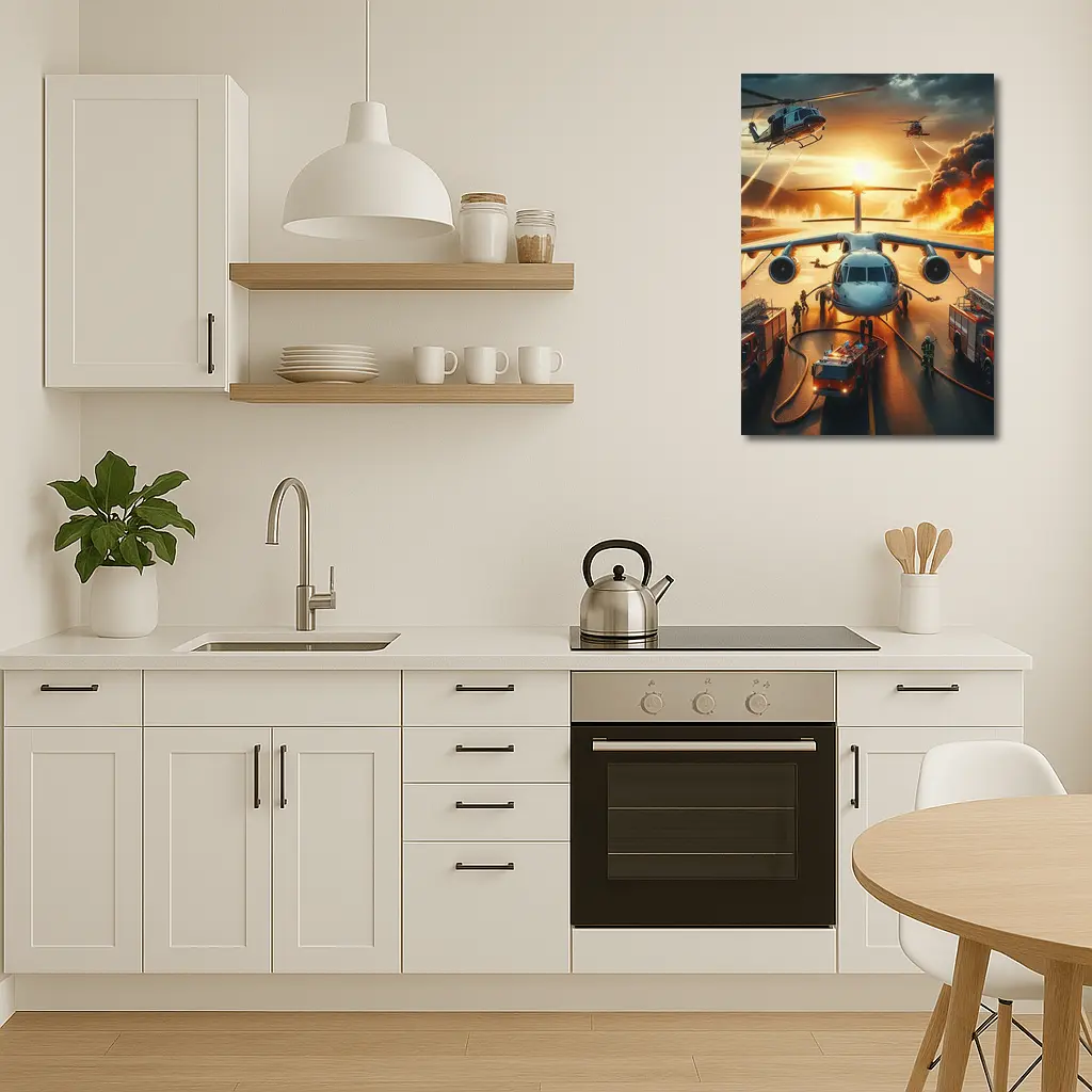 Airport Emergency Firefighters Helicopters Dramatic Sunset – Wall Art