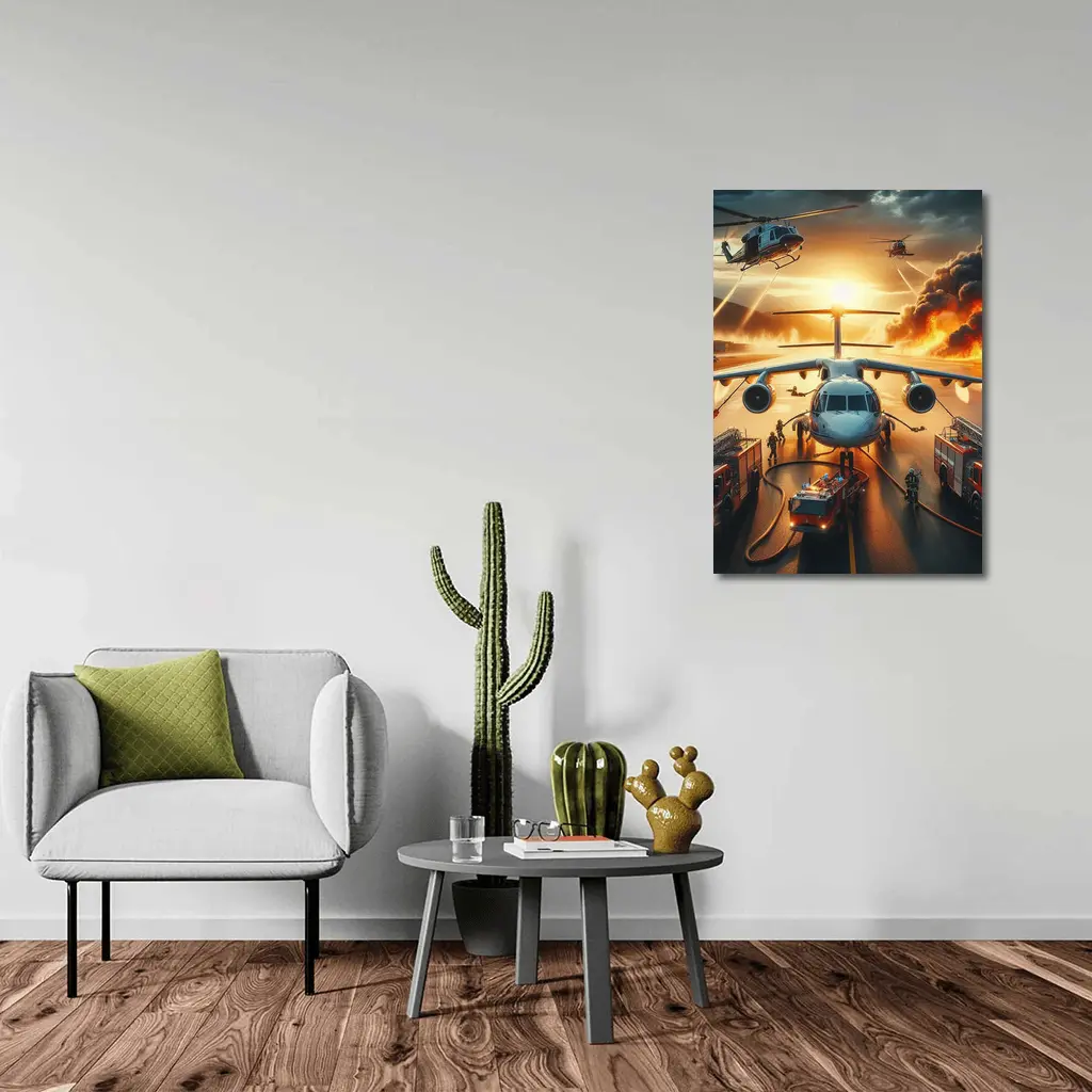 Airport Emergency Firefighters Helicopters Dramatic Sunset – Wall Art