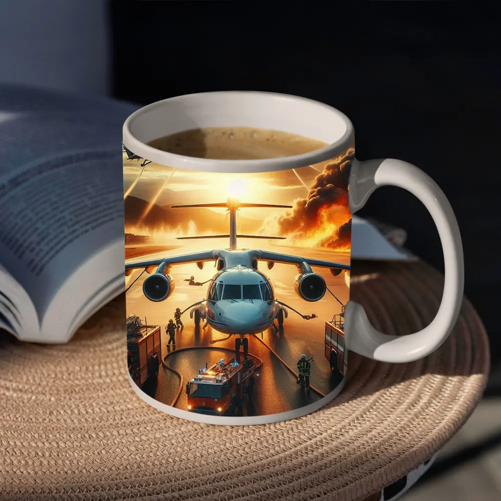 Airport Emergency Firefighters Helicopters Dramatic Sunset – Mugs