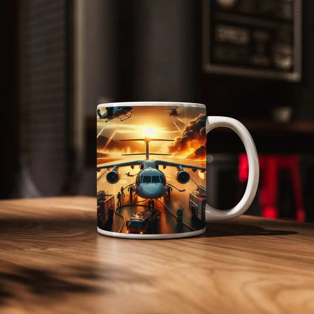Airport Emergency Firefighters Helicopters Dramatic Sunset – Mugs