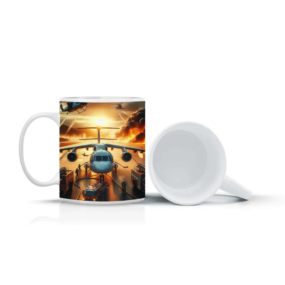 Airport Emergency Firefighters Helicopters Dramatic Sunset – Mugs