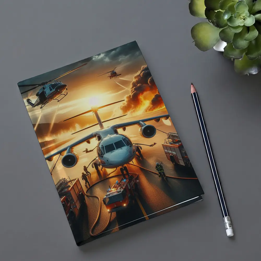 Airport Emergency Firefighters Helicopters Dramatic Sunset – Notebooks