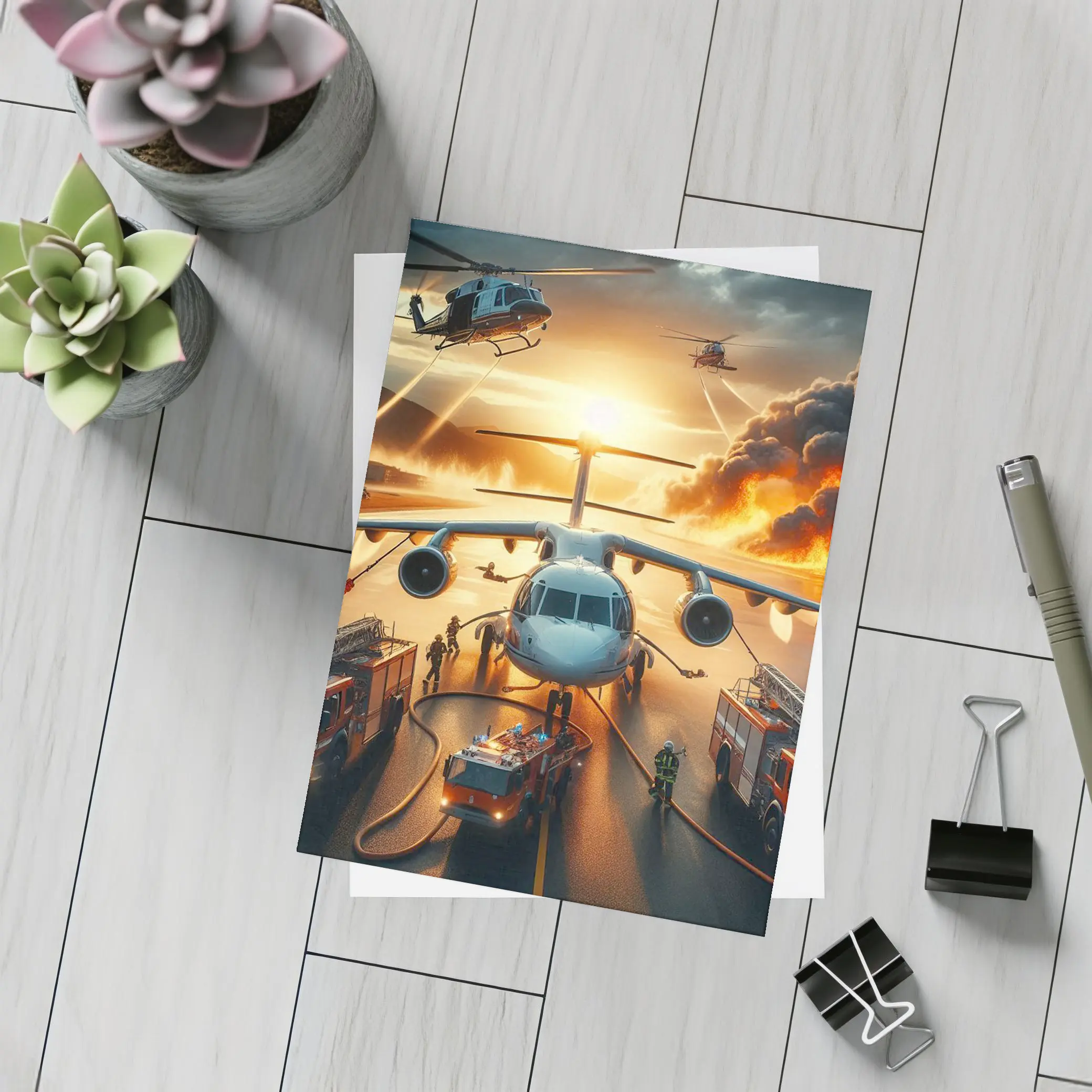 Airport Emergency Firefighters Helicopters Dramatic Sunset – Postcards