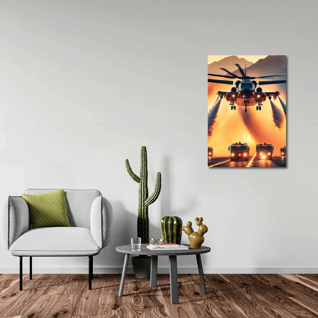 Military Helicopter Convoy Fiery Mountain Sunset – Wall Art