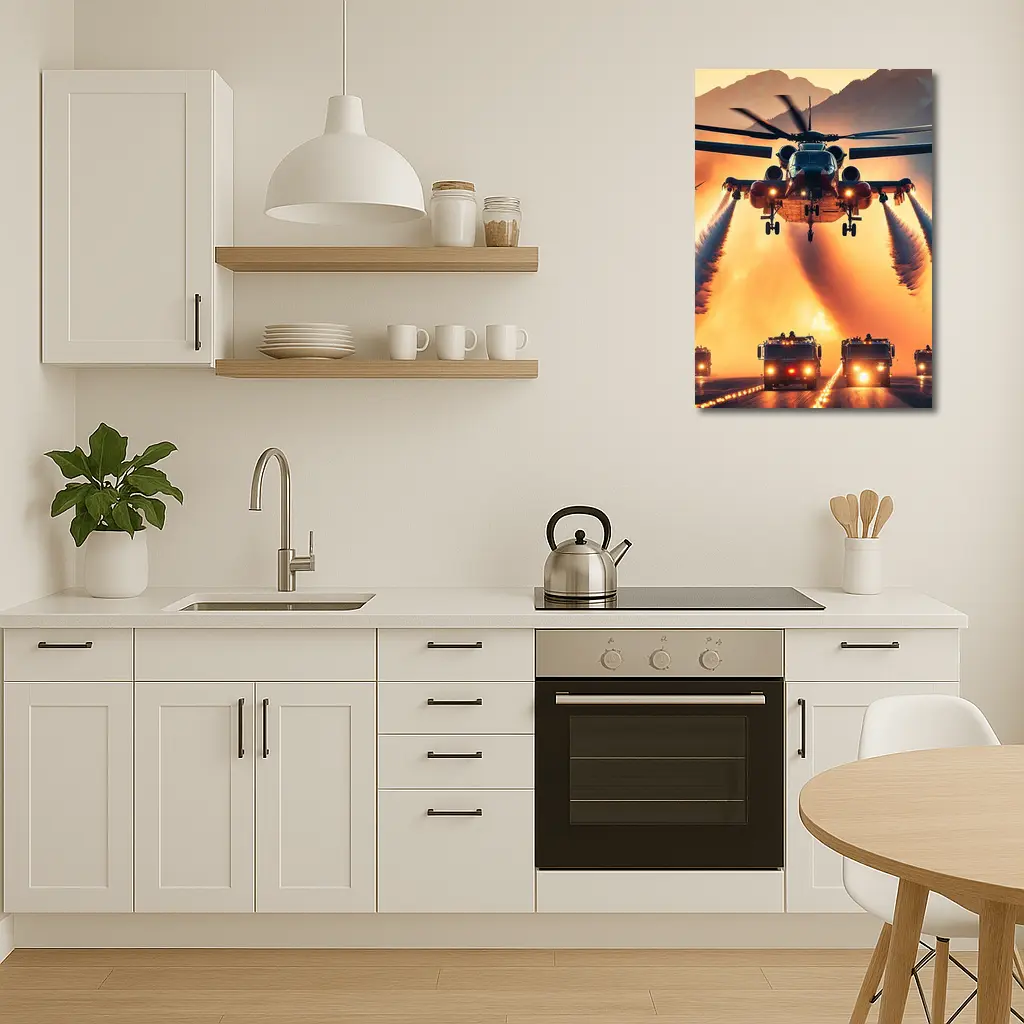 Military Helicopter Convoy Fiery Mountain Sunset – Wall Art