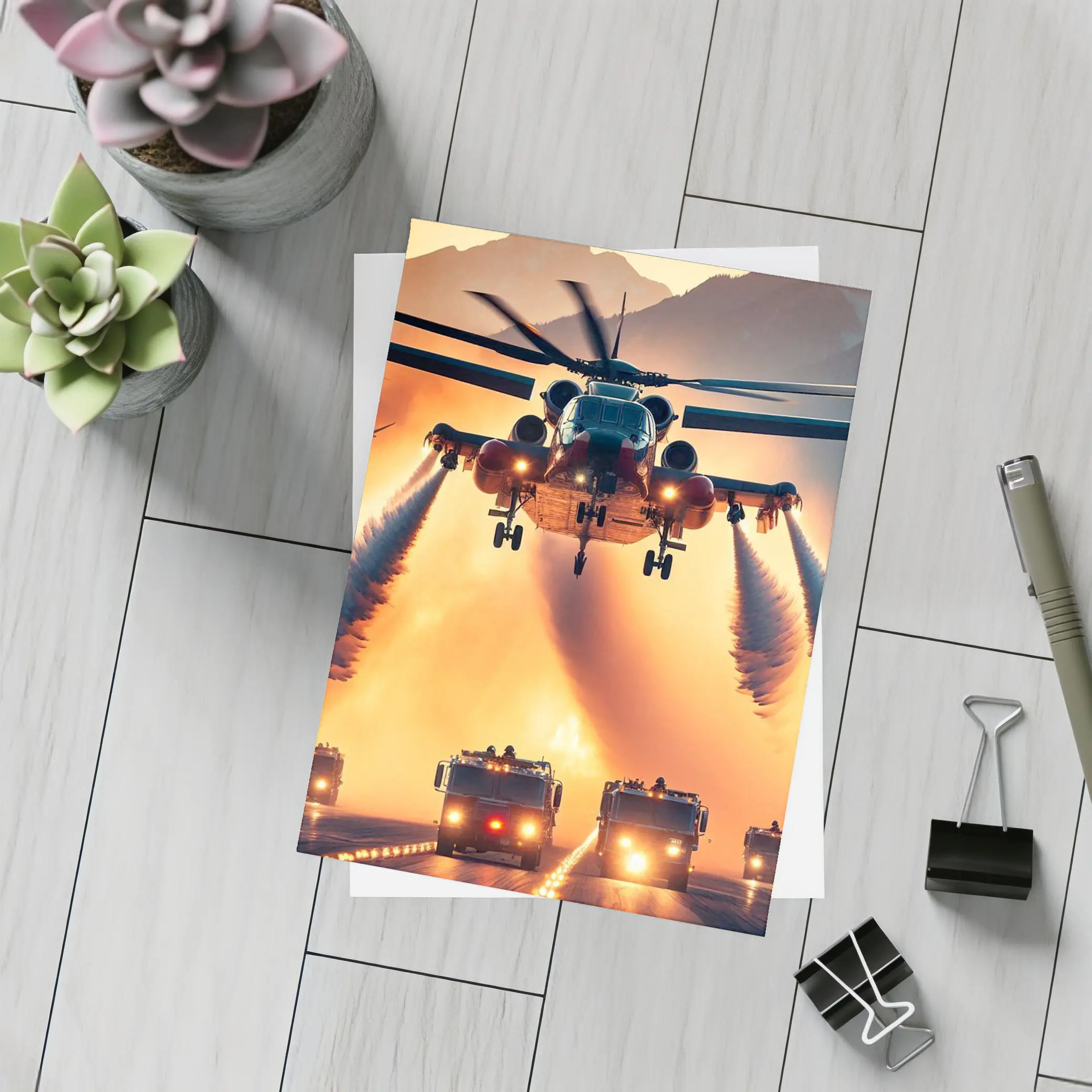 Military Helicopter Convoy Fiery Mountain Sunset – Postcards