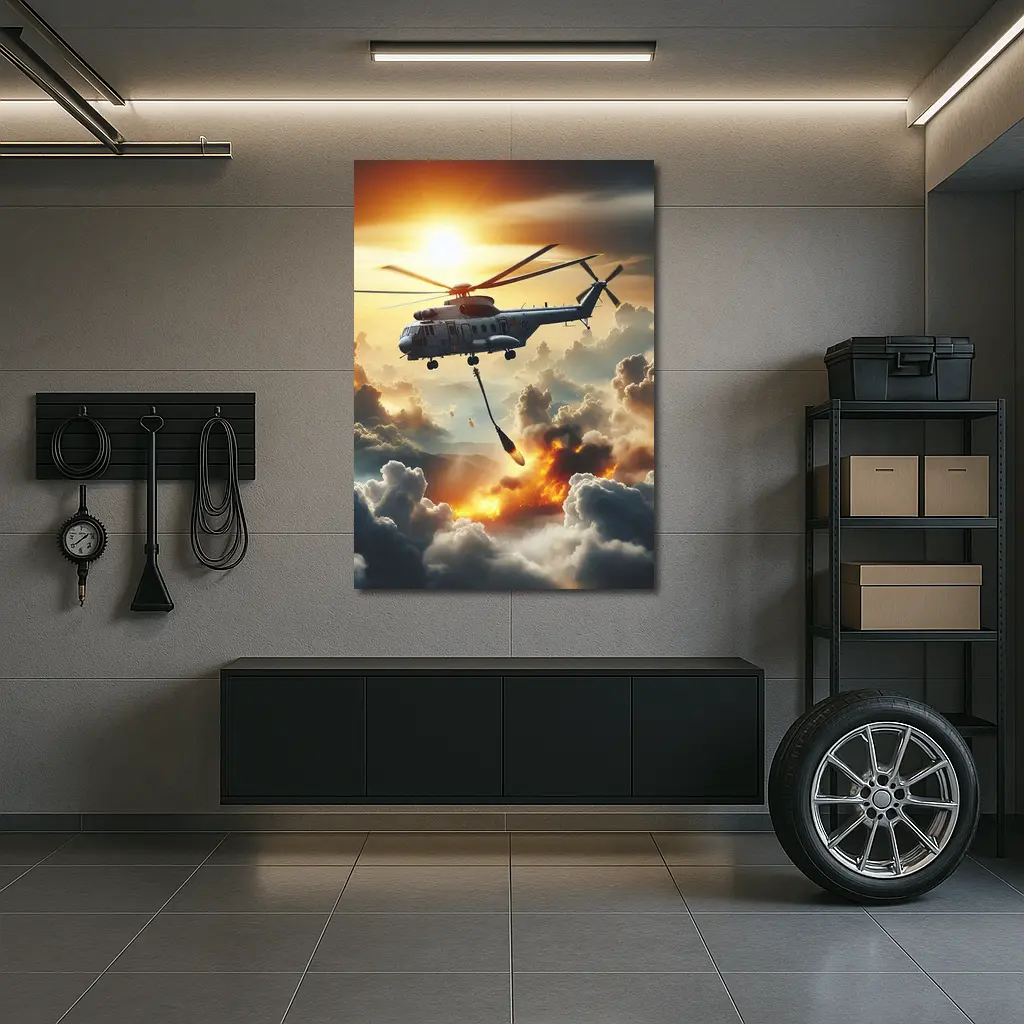 Military Helicopter Flying Over Fire Clouds – Wall Art