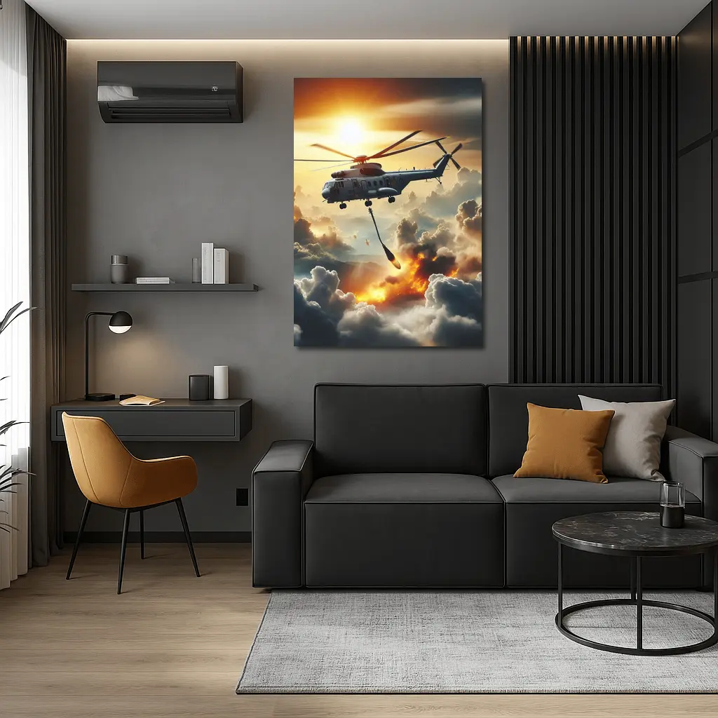 Military Helicopter Flying Over Fire Clouds – Wall Art
