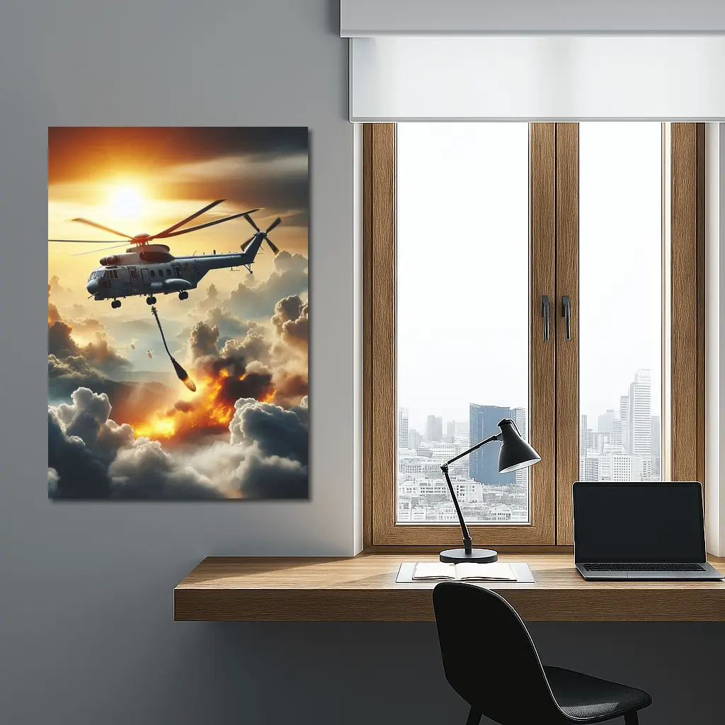 Military Helicopter Flying Over Fire Clouds – Wall Art