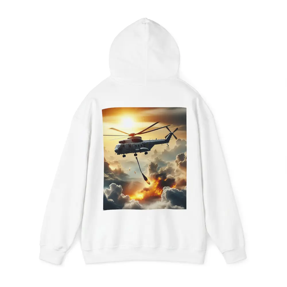 Military Helicopter Flying Over Fire Clouds – Hoodies