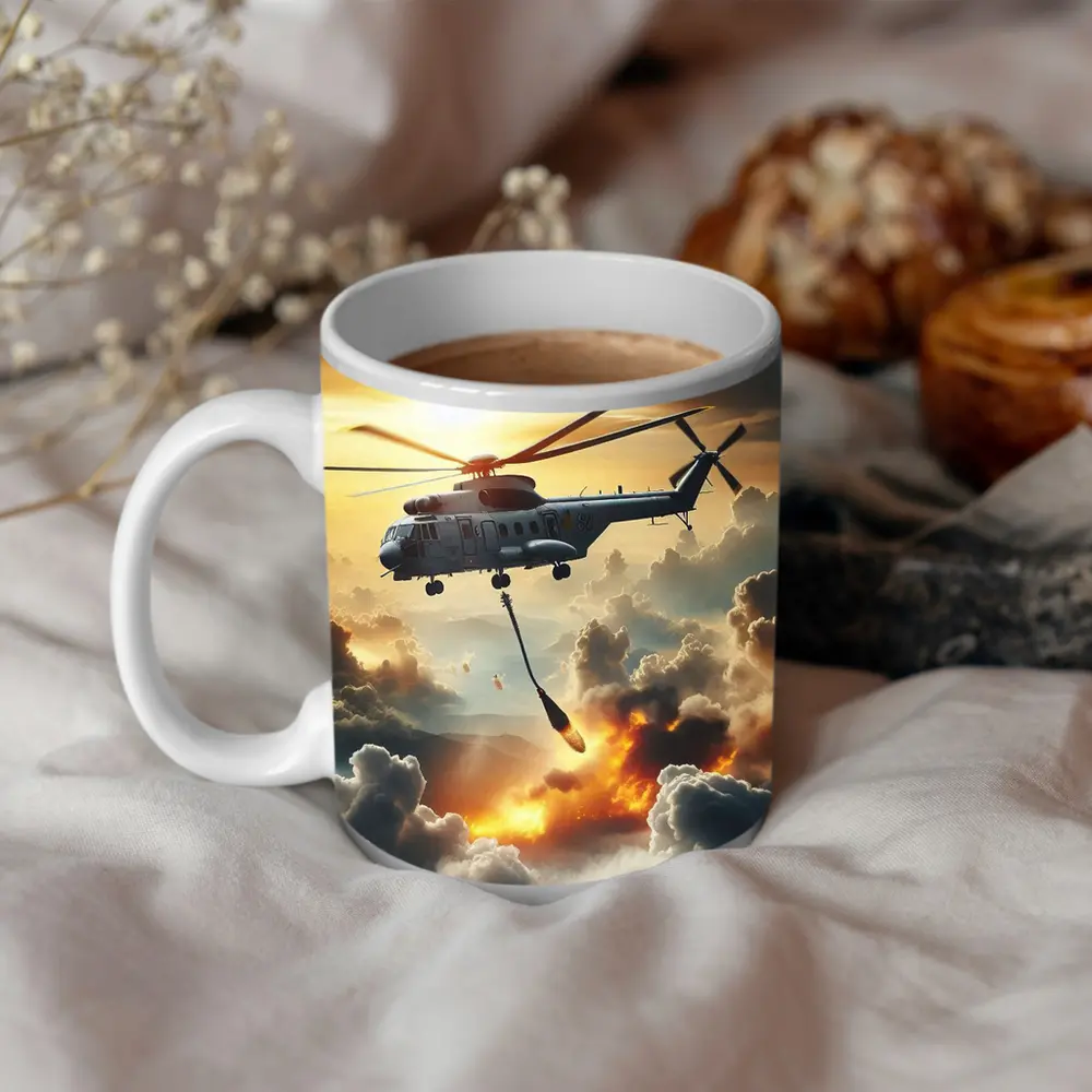 Military Helicopter Flying Over Fire Clouds – Mugs