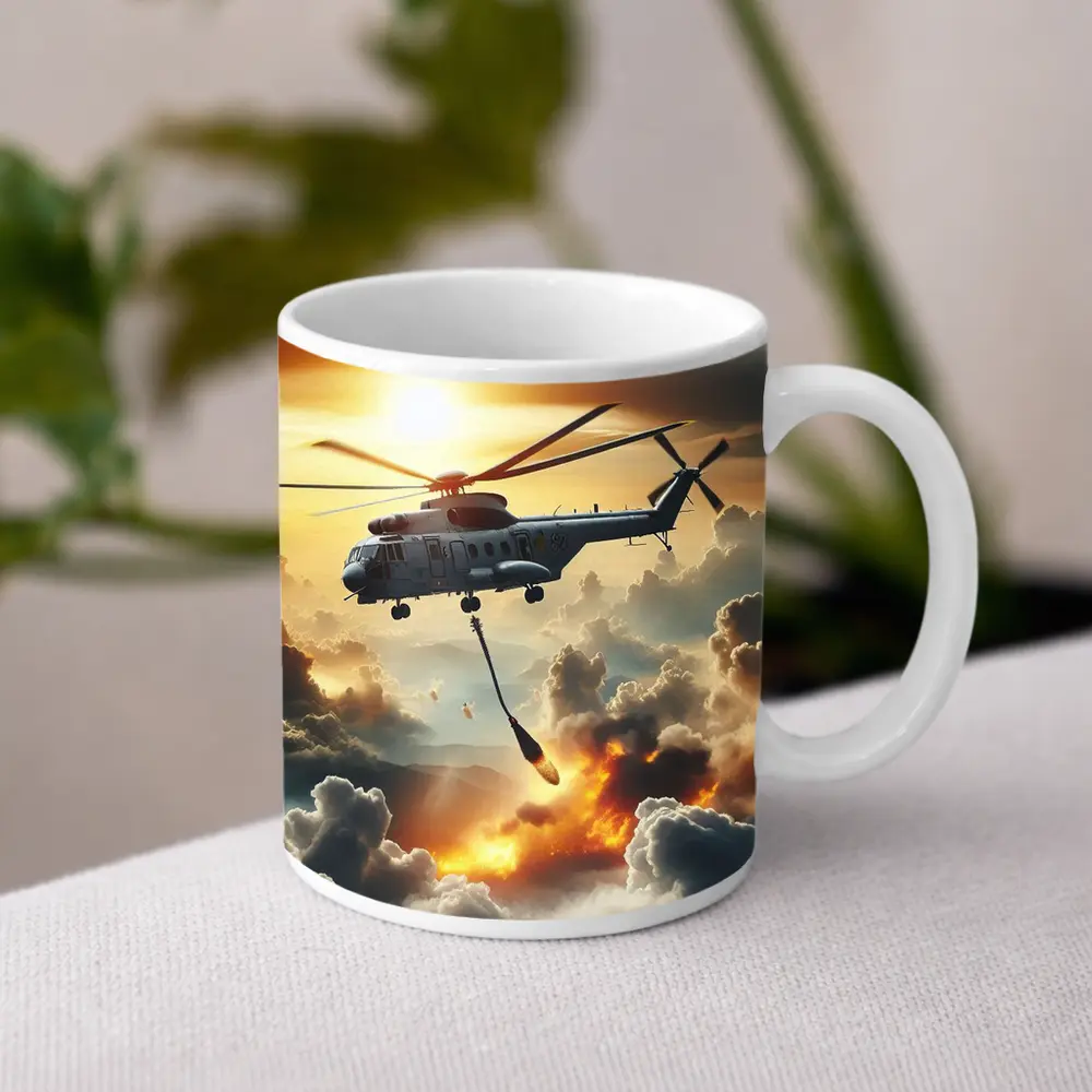 Military Helicopter Flying Over Fire Clouds – Mugs