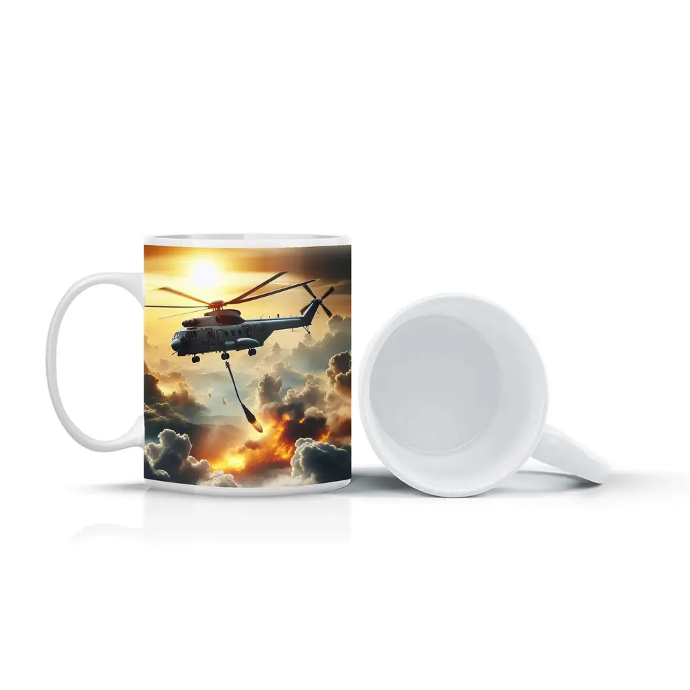 Military Helicopter Flying Over Fire Clouds – Mugs