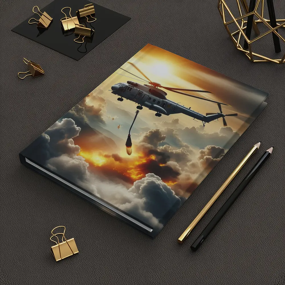 Military Helicopter Flying Over Fire Clouds – Notebooks