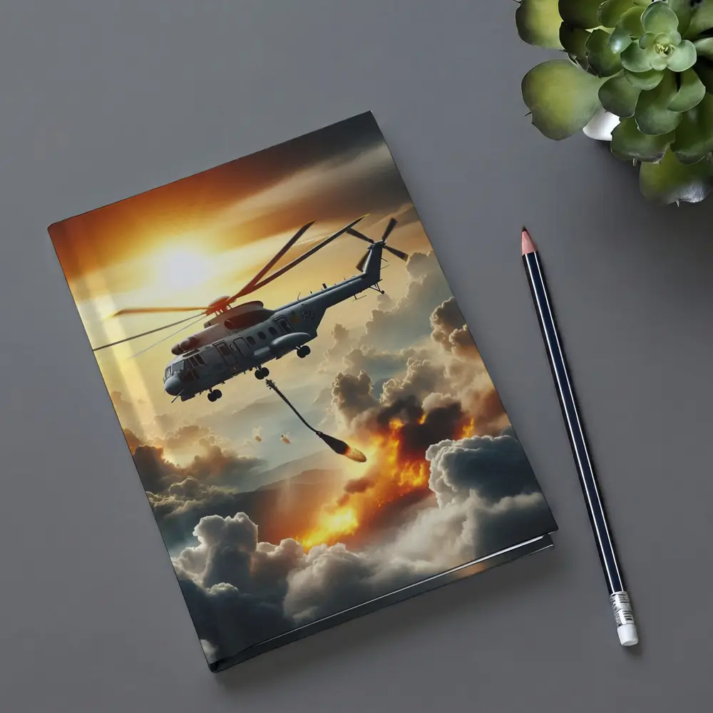 Military Helicopter Flying Over Fire Clouds – Notebooks