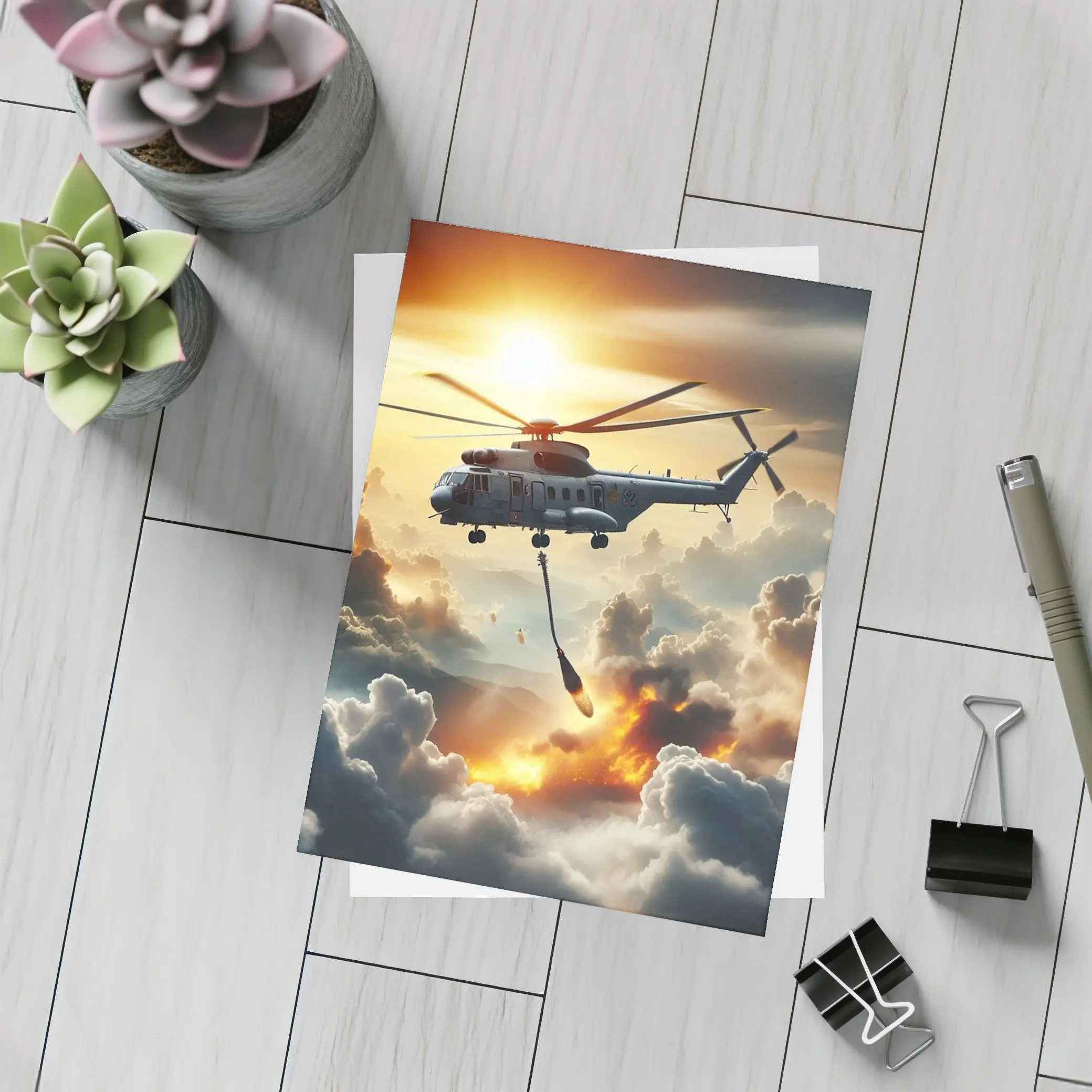 Military Helicopter Flying Over Fire Clouds – Postcards